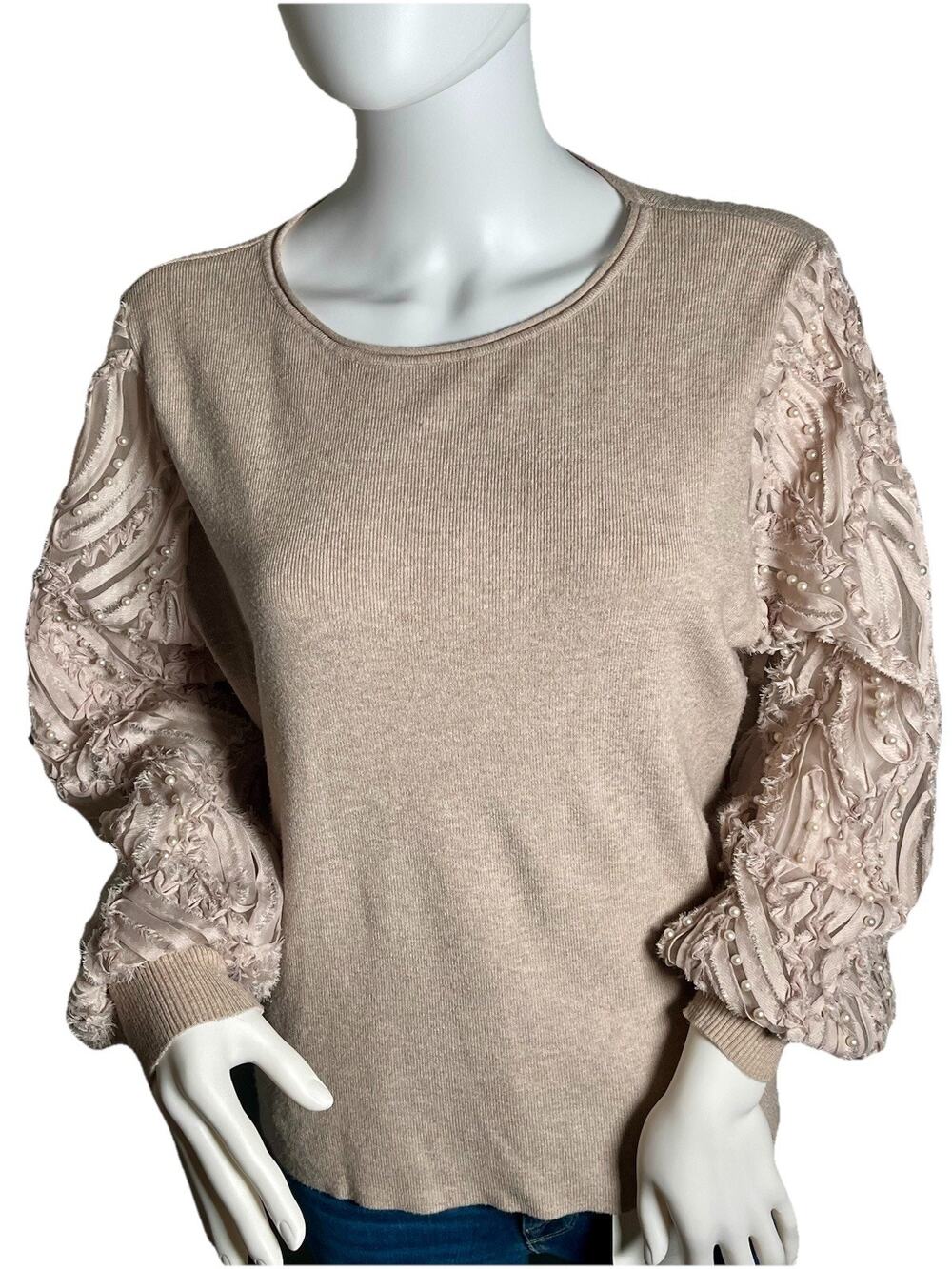 Liv Milano Tan Size XL Embellished Pearls Stretch Round Neck Knit Sweater